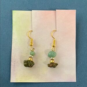 Green and Gold Beaded Dangle Earrings